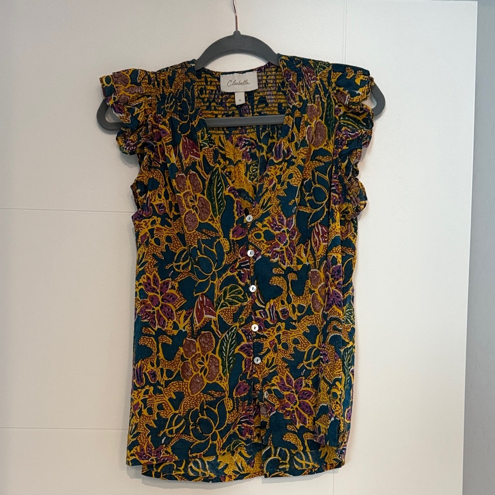 Cleobella Floral Button-Front Top in Mustard, Green & Purple